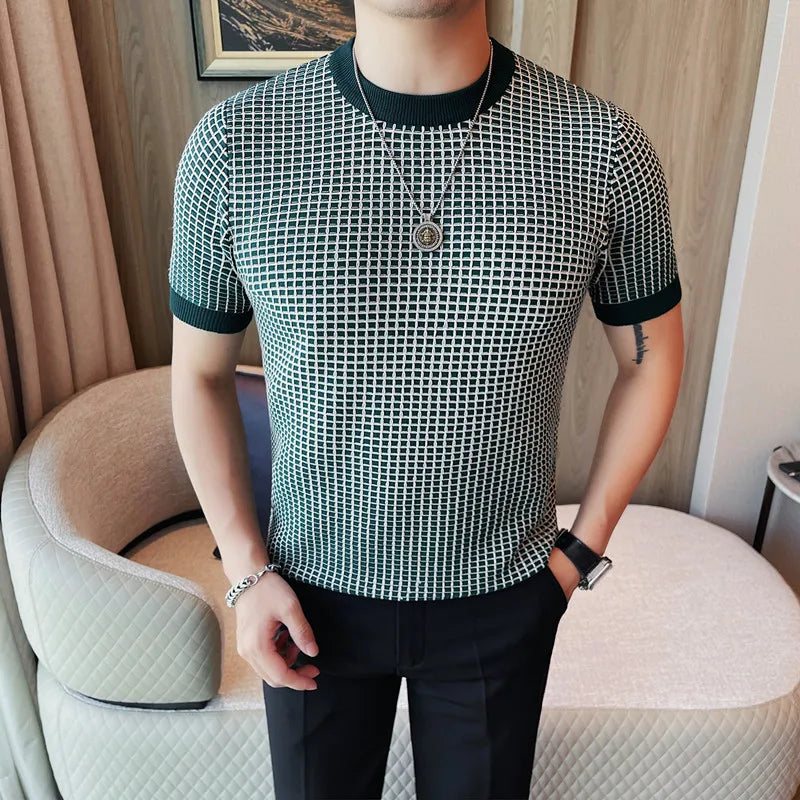 Outono novo xadrez tripulação pescoço casual manga curta camiseta de alta qualidade camisola de malha topos streetwear social casual camiseta