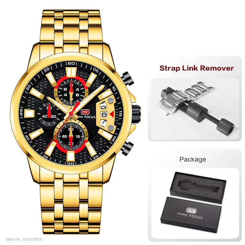 MINI FOCUS Motley Relógios para Homens Moda Esporte Cronógrafo Relógio de Pulso de Quartzo com Data Luminosa Mãos Pulseira de Aço Inoxidável Homem