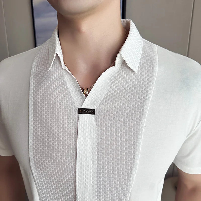 Preto/branco verão alta elástica com decote em v polo camisas masculinas waffle emenda gelo seda sem costura camiseta 2023 casual solto topos t