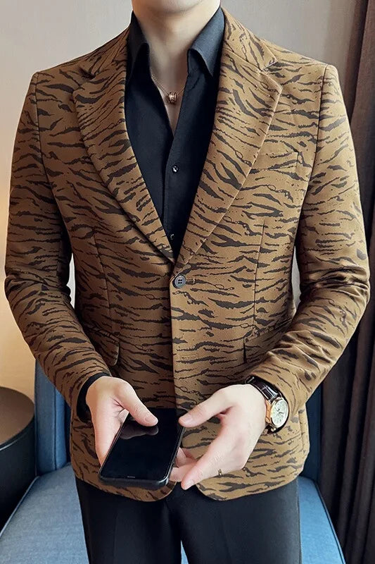 Blazers com estampa de leopardo masculino, casaco justo, terno casual de negócios de alta qualidade, vestido de festa social, na moda