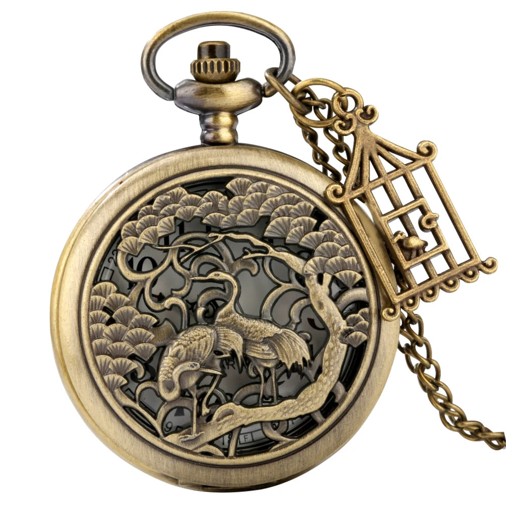 Dois pequenos pássaros estilo retro relógio de bolso de quartzo corrente steampunk colar pingente fob relógio animal com gaiola acessório