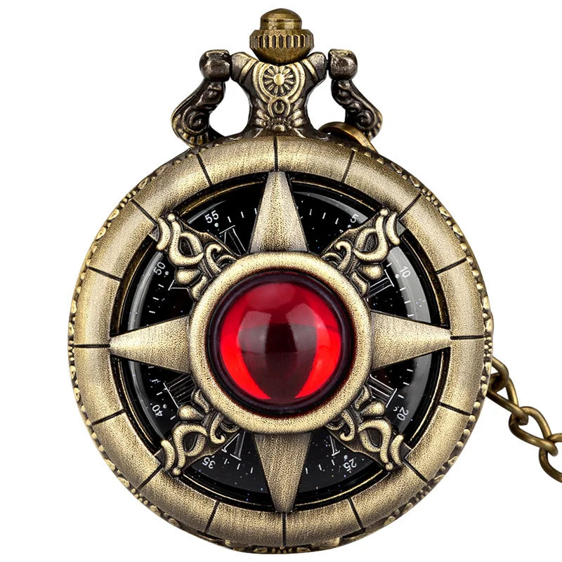 Exquisite Emerald-Green Stone Bronze Case Quartz Pocket Watch, Simples Dial Branco Cadeia Relógio, Colar Pingente para Homens e Mulheres