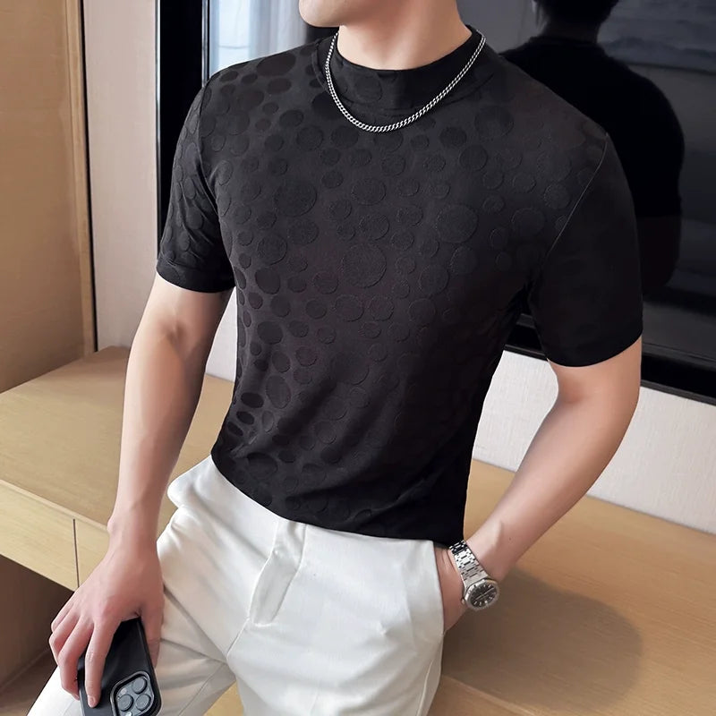 Dot print camisetas masculinas verão meia alta pescoço cor sólida fino ajuste casual versátil respirável t camisa pulôver roupas masculinas