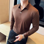 High-end sem costura com decote em v camisa polo masculina de manga comprida traceless elasticidade magro ajuste casual camiseta moda negócios roupas sociais