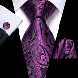 Conjunto de gravata paisley roxa de luxo masculino, caixa de presente com gravata, gravata borboleta, lenço, abotoaduras, anel, clipe de lapela e boutonniere.