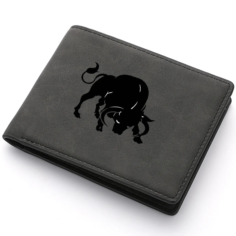 Mini carteira curta masculina com padrão de touro, zíper, bolso para moedas, porta-cartões com vários slots, presente ideal para estudantes jovens