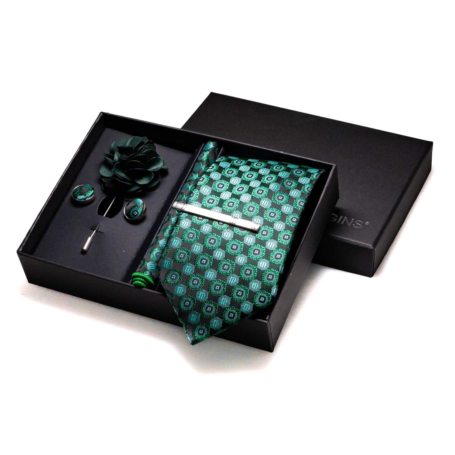 Gravatas luxuosas de seda com listras verdes escuras, acessórios de casamento, gravata masculina, bolso quadrado, abotoaduras, pino e caixa de presente elegante