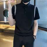 2025 verão nova emenda cor manga curta polos camisa de alta qualidade dos homens seda gelo fino ajuste casual camiseta roupas masculinas 4xl