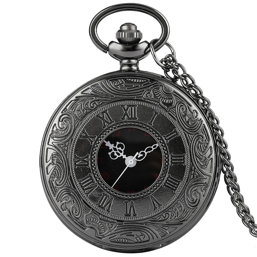 Preto numerais romanos relógio de bolso de quartzo masculino feminino preto oco caso steampunk vintage pingente colar melhores presentes para homens