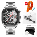 Megir relógio de quartzo preto masculino, à prova d'água, mostrador quadrado, relógio de pulso com cronógrafo, pulseira de aço inoxidável, mãos luminosas, data automática