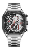 Megir relógio de quartzo preto masculino, à prova d'água, mostrador quadrado, relógio de pulso com cronógrafo, pulseira de aço inoxidável, mãos luminosas, data automática