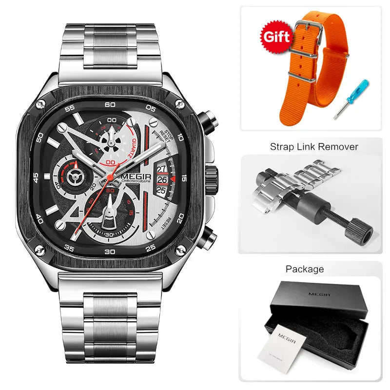 Megir relógio de quartzo preto masculino, à prova d'água, mostrador quadrado, relógio de pulso com cronógrafo, pulseira de aço inoxidável, mãos luminosas, data automática