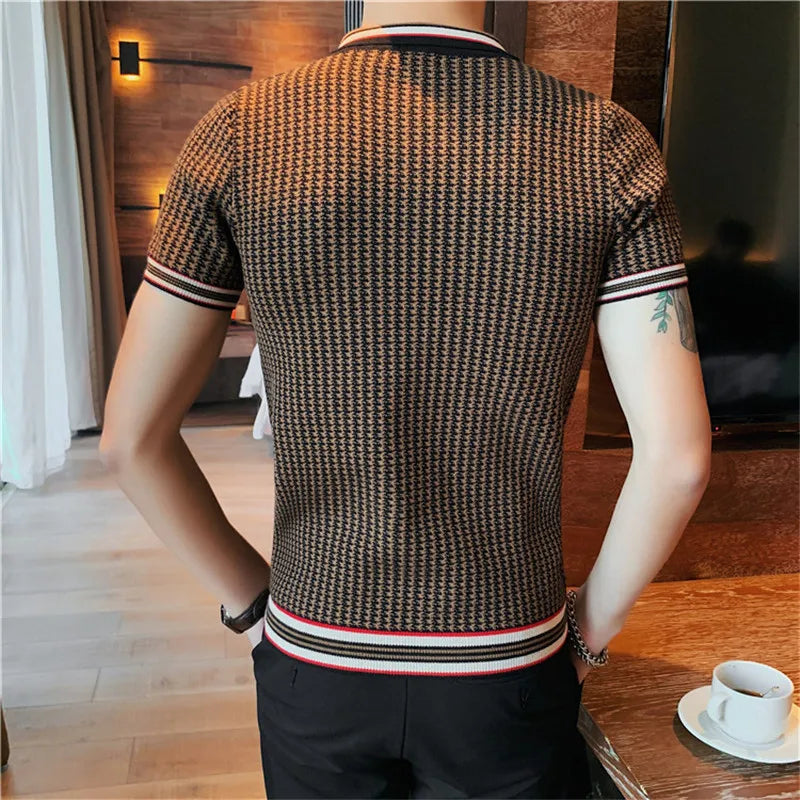 Estilo britânico verão lapela manga curta de malha camisa polo roupas masculinas 2022 houndstooth bordado fino ajuste camisa casual