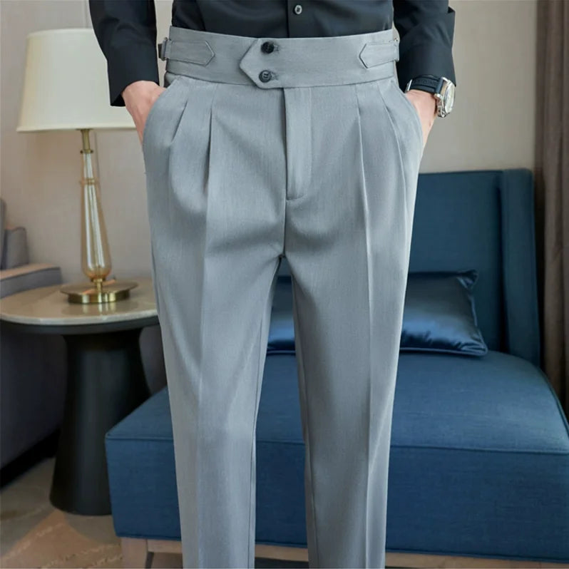 Estilo britânico masculino cintura alta vestido casual calça masculina cinto design calças finas formal escritório social festa de casamento vestido terno calças