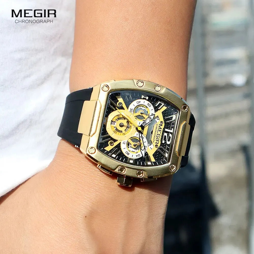 MEGIR-Relógio quartzo impermeável masculino, verde dourado, pulseira de silicone, cronógrafo, relógio de pulso com data, ponteiros luminosos, moda desportiva