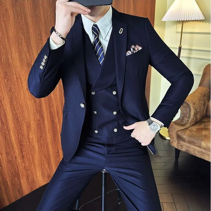 Fato de negócios slim fit duplo trespassado masculino, jaqueta, calça e colete, alta qualidade, design de moda, sing de festa, 3 peças