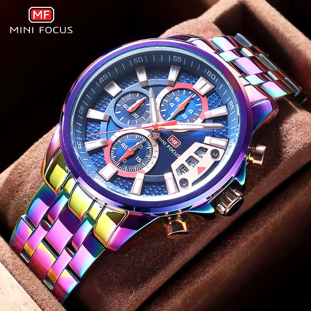 MINI FOCUS Motley Relógios para Homens Moda Esporte Cronógrafo Relógio de Pulso de Quartzo com Data Luminosa Mãos Pulseira de Aço Inoxidável Homem