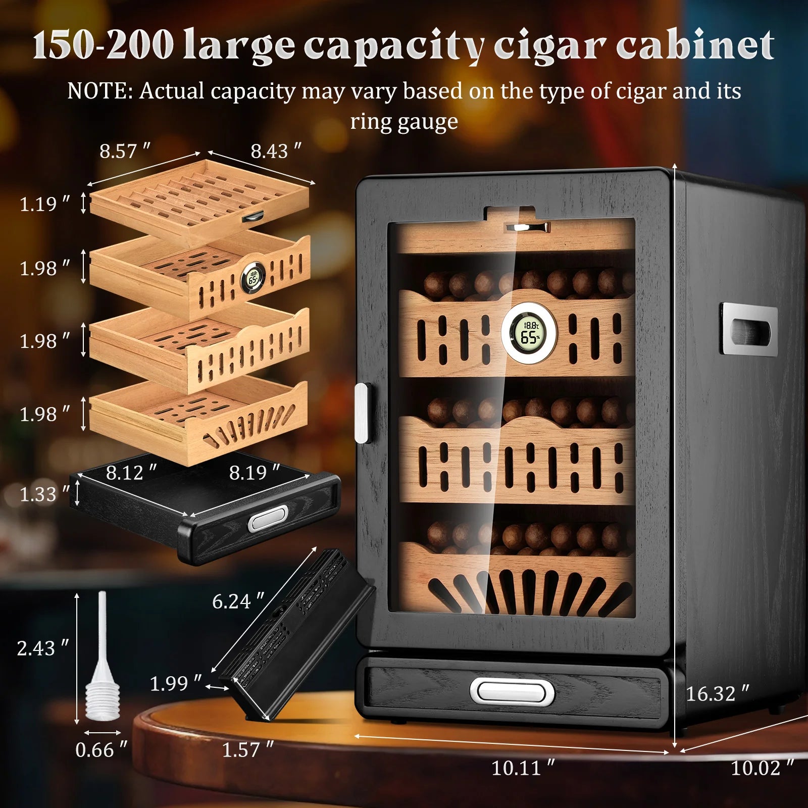 Humidor de charutos, armário de mesa com tampo de vidro, bandeja de cedro espanhol, gaveta de acessórios, 2 umidificadores e higrômetro digital, dia dos pais