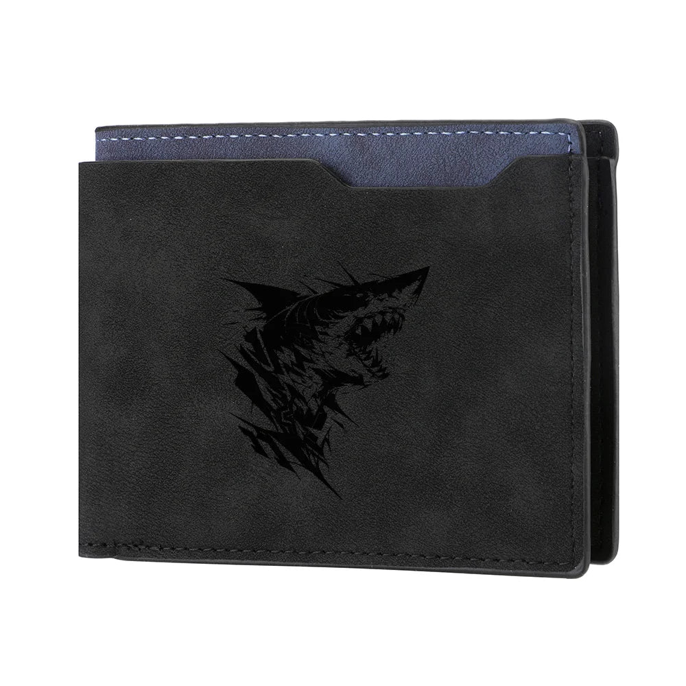 Carteira curta masculina com padrão de tubarão couro PU retrô design casual carteira com slot para vários cartões para jovens estudantes