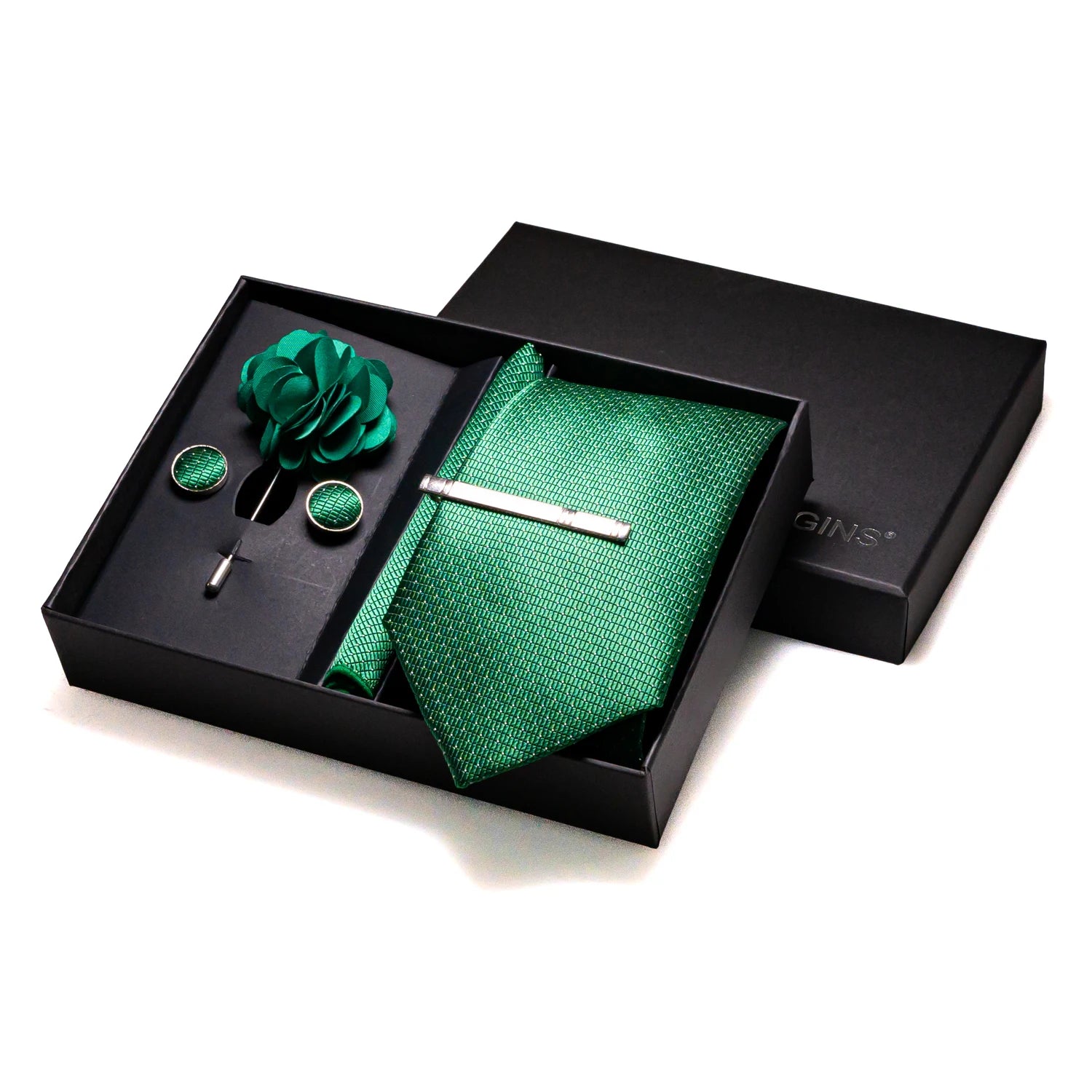 Gravatas luxuosas de seda com listras verdes escuras, acessórios de casamento, gravata masculina, bolso quadrado, abotoaduras, pino e caixa de presente elegante
