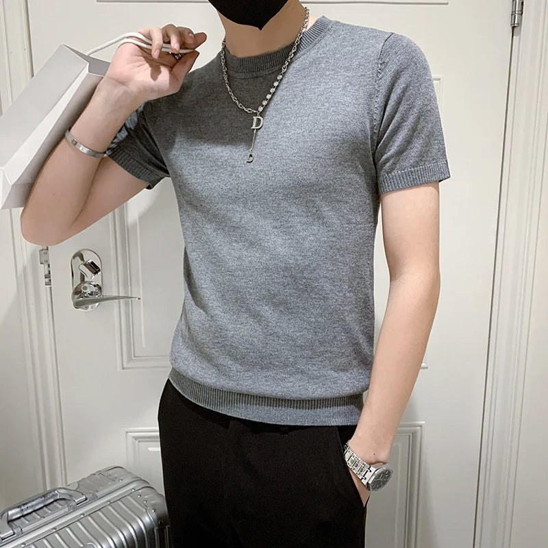 Verão fino pulôver meia gola alta camiseta masculina de malha manga curta topo masculino cor sólida camisola magro camiseta streetwear