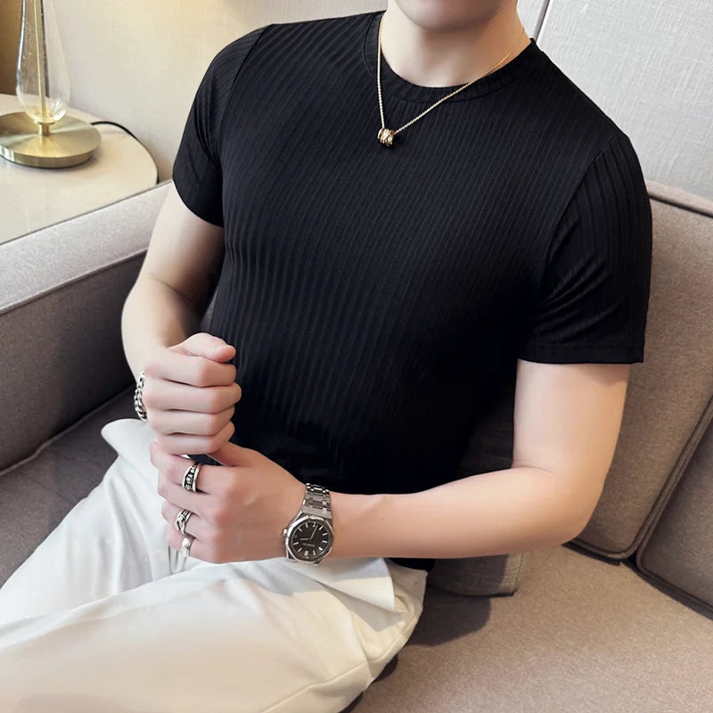 Verão gelo seda elástica listra fina camiseta masculina fino ajuste manga curta tripulação pescoço respirável versátil camiseta topos 4xl-m