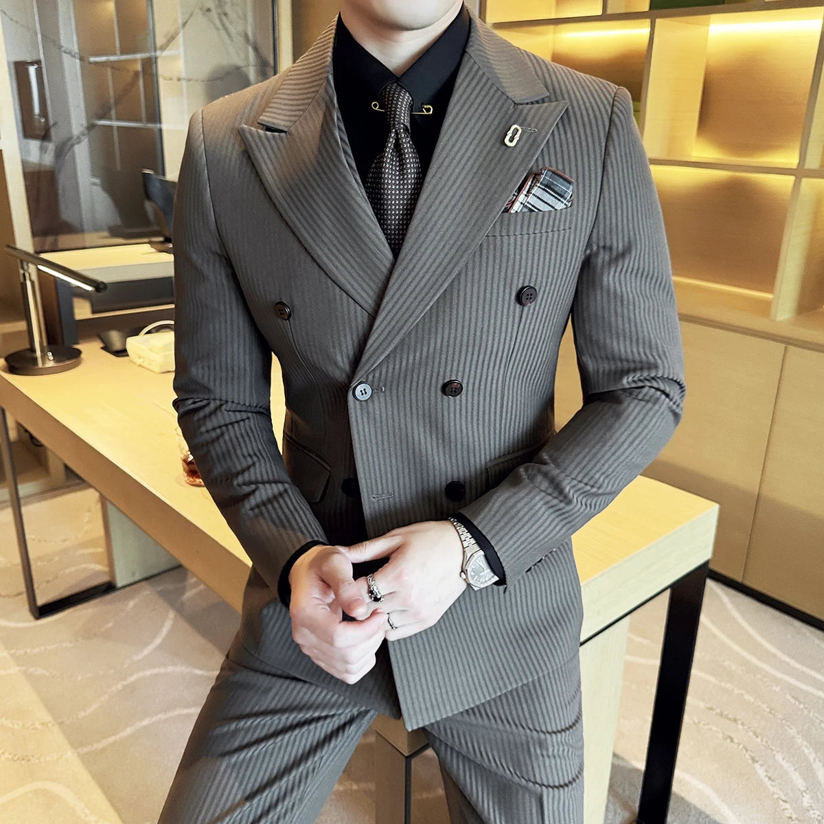 (Jaquetas + calças + colete) terno masculino listrado de luxo de alta qualidade duplo breasted elegante moda smoking formal noivo casamento terno social