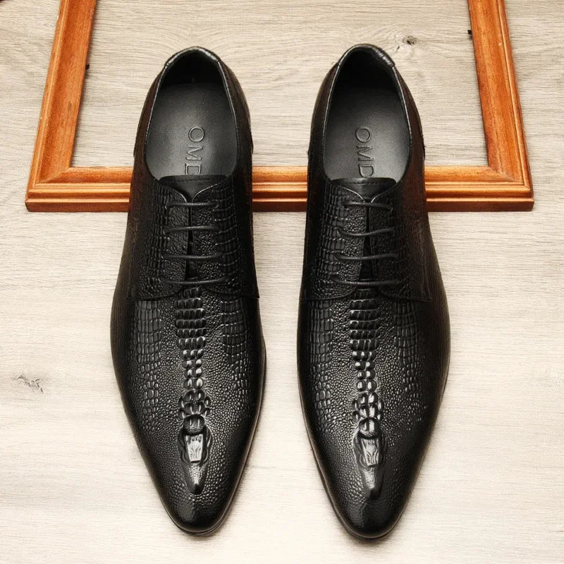 Sapato liso Oxford de couro genuíno masculino, preto, azul, padrão crocodilo, artesanal, sapatos formais, casamento, negócio, verão