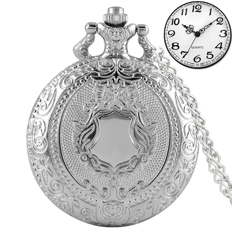 Luxo prata escudo coroa padrão relógio de bolso de quartzo moda colar pingente corrente jóias presente steampunk relógio para homem