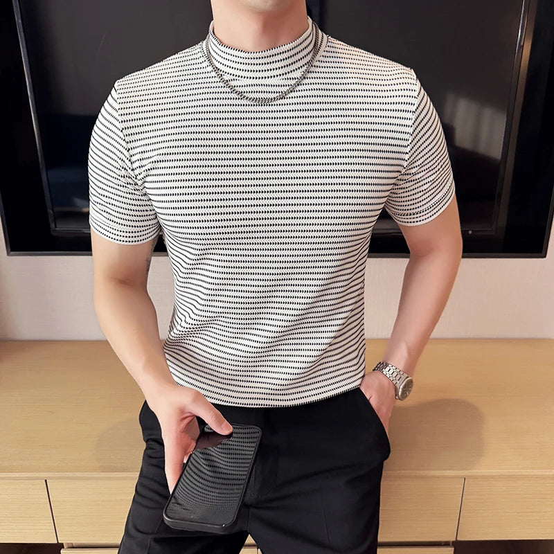 Moda listra masculina camisetas verão meia alta pescoço fino ajuste casual versátil respirável t camisa pulôver roupas masculinas 4xl-m
