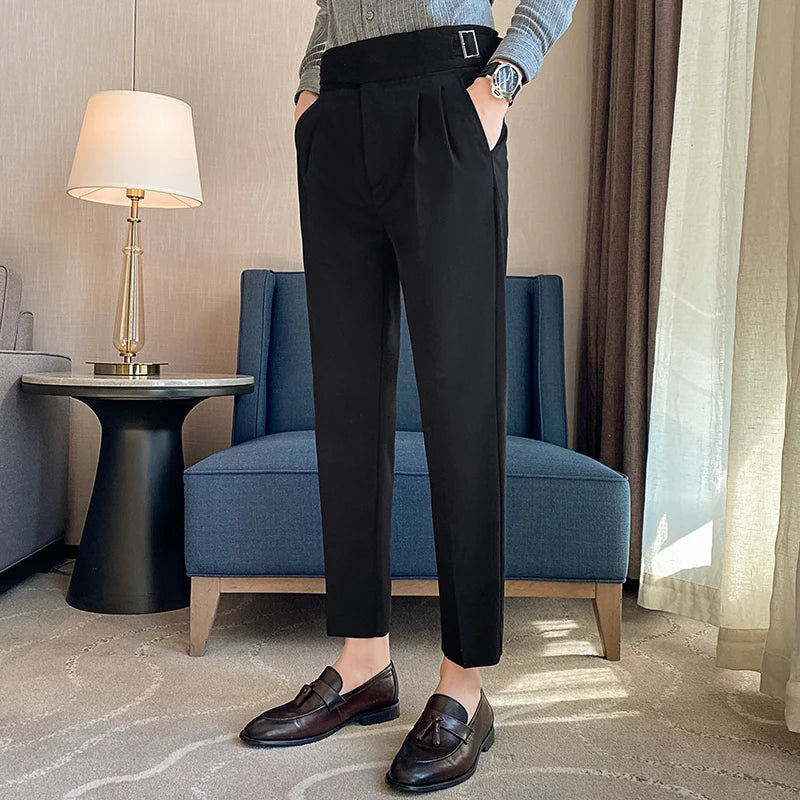 Estilo britânico masculino cintura alta vestido casual calça masculina cinto design calças finas formal escritório social festa de casamento vestido terno calças