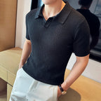 Camisa polo masculina de malha curta, camiseta casual, gola V, ajuste fino, respirável, malha, elasticidade, verão