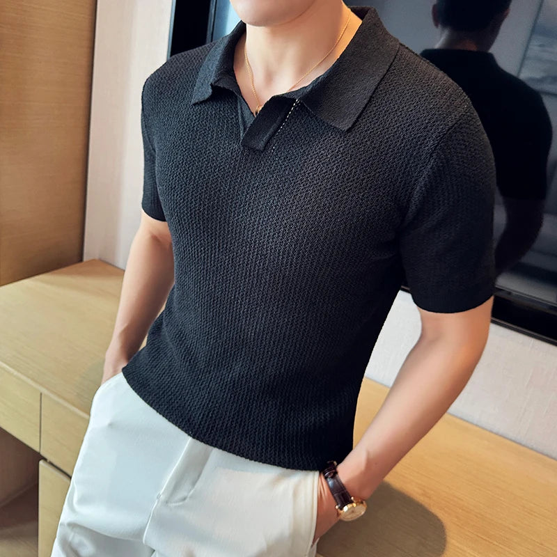 Camisa polo masculina de malha curta, camiseta casual, gola V, ajuste fino, respirável, malha, elasticidade, verão