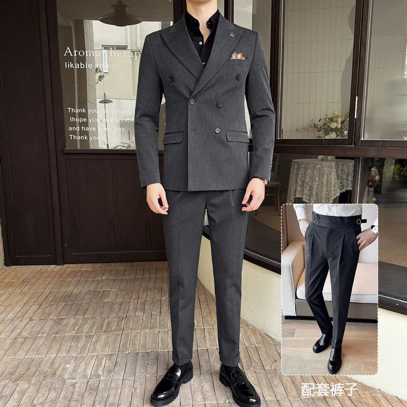 (Blazer + calças) moda duplo breasted design fino terno masculino estilo italiano luxo casamento festa social smoking 2 peça conjunto