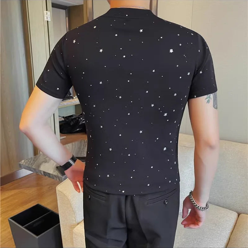 Verão masculino manga curta t camisas moda coreana estrela polvilhada fino ajuste gola redonda casual camiseta versátil roupas masculinas 4xl