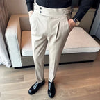 Outono inverno cintura alta calças de vestido de negócios dos homens casual cinto design fino terno calças formal casamento festa social calças masculinas