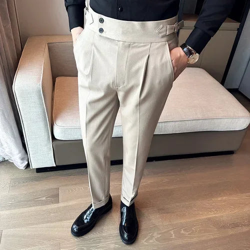 Outono inverno cintura alta calças de vestido de negócios dos homens casual cinto design fino terno calças formal casamento festa social calças masculinas