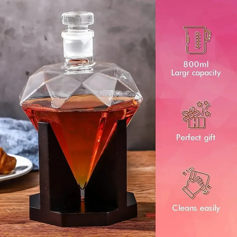 Decantador de uísque de 1000ml, garrafa de vinho de diamante de vidro com suporte de madeira, rolha hermética adequada para todos os tipos de álcool, presente