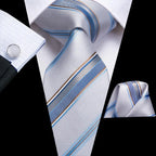 Gravatas masculinas branco sliver hanky abotoaduras conjunto de seda pescoço laços para festa de casamento negócios gravata masculina 2022 nova marca de moda hi-tie