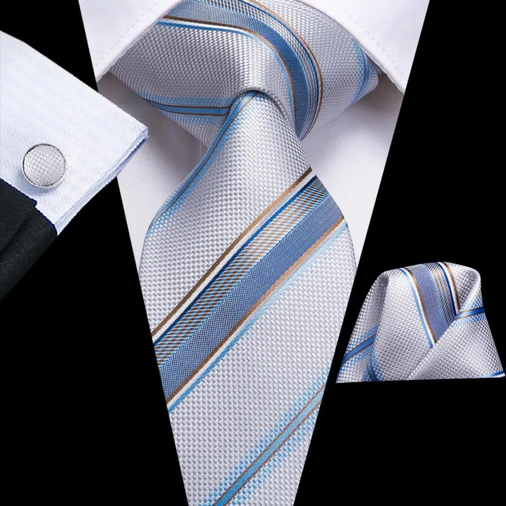 Gravatas masculinas branco sliver hanky abotoaduras conjunto de seda pescoço laços para festa de casamento negócios gravata masculina 2022 nova marca de moda hi-tie