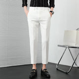 Verão nova cor sólida negócios calças casuais masculino fino ajuste social terno pant formal escritório tornozelo comprimento calças streetwears 36-29