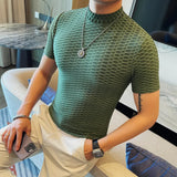 Verão meia gola alta elástica t camisas para homens moda coreana versátil fino ajuste manga curta pullovers casuais topos t 4xl-m