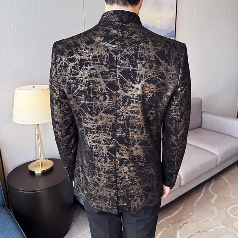 Novo estilo chinês gola alta jacquard terno casacos homens fino negócios casual moda ternos jaqueta formal festa social smoking