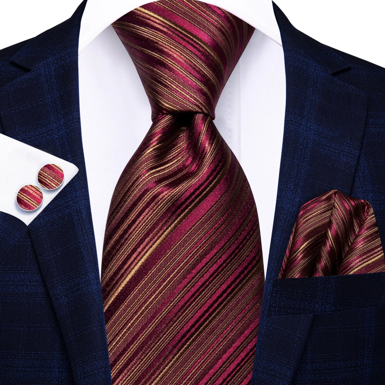 Conjunto clássico de gravata de seda masculino, gravata, listrada azul bordô, lenço elegante, abotoaduras, moda luxo, 3 peças