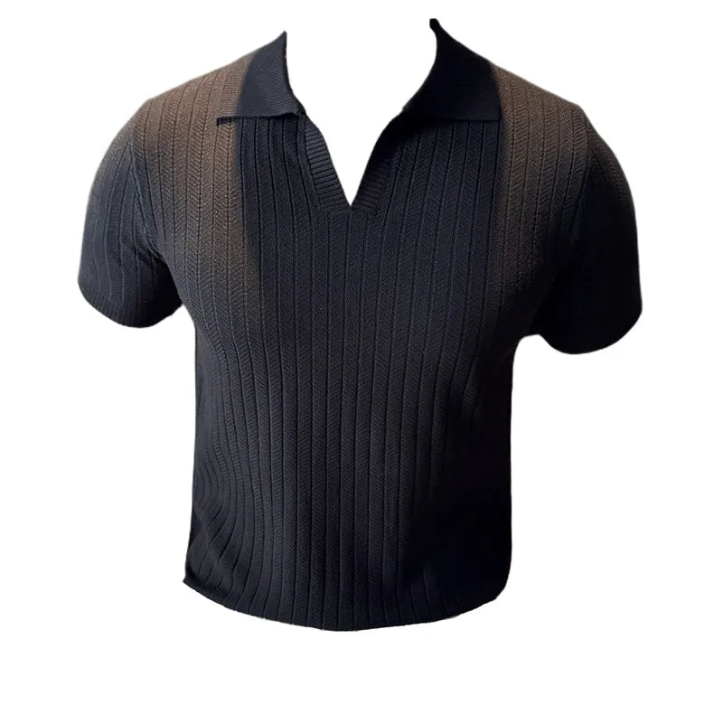 Camisas polo de malha com decote em v listrado masculino, manga curta, respirável fina, casual, moda social, novo, verão, 4XL, 2024