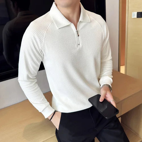 Camisa Polo masculina de Mangas Compridas Metade Zip, T-Shirt Pescoço V, Elástico Espessado, Casual Business Tee, Streetwear, 4XL-M, Primavera, Outono
