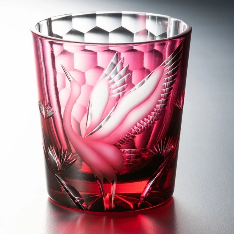 Japonês mão gravura pinheiro guindaste edo kiriko cristal copo de uísque trabalho da arte copo vinho brandy snifter saquê caneca copo de licor