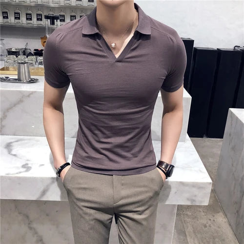 Polo com decote em v respirável masculino, manga curta, slim fit, camiseta monocromática, roupas de streetwear, nova moda, verão, 4XL, 2022