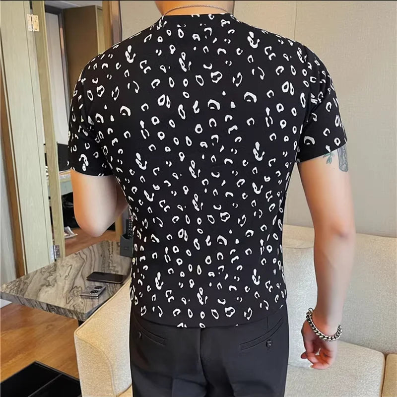 Moda verão leopardo reunindo camisetas masculinas 2025 nova gola redonda fino ajuste manga curta casual camiseta roupas masculinas 4xl-m