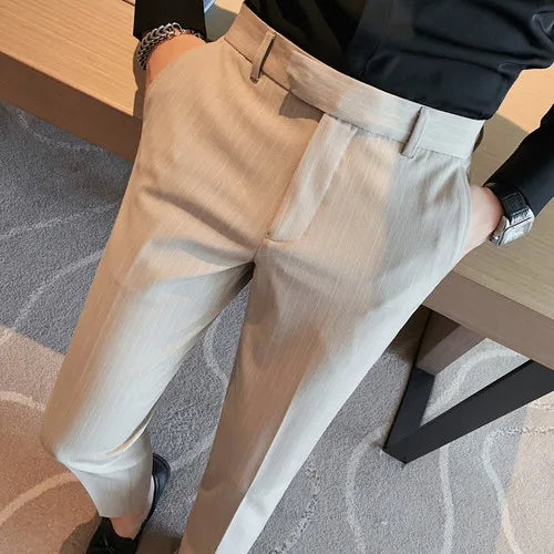 Estilo britânico listrado fino ajuste terno pant homens negócios casual simples vestido calças de alta qualidade social festa de casamento 38-28